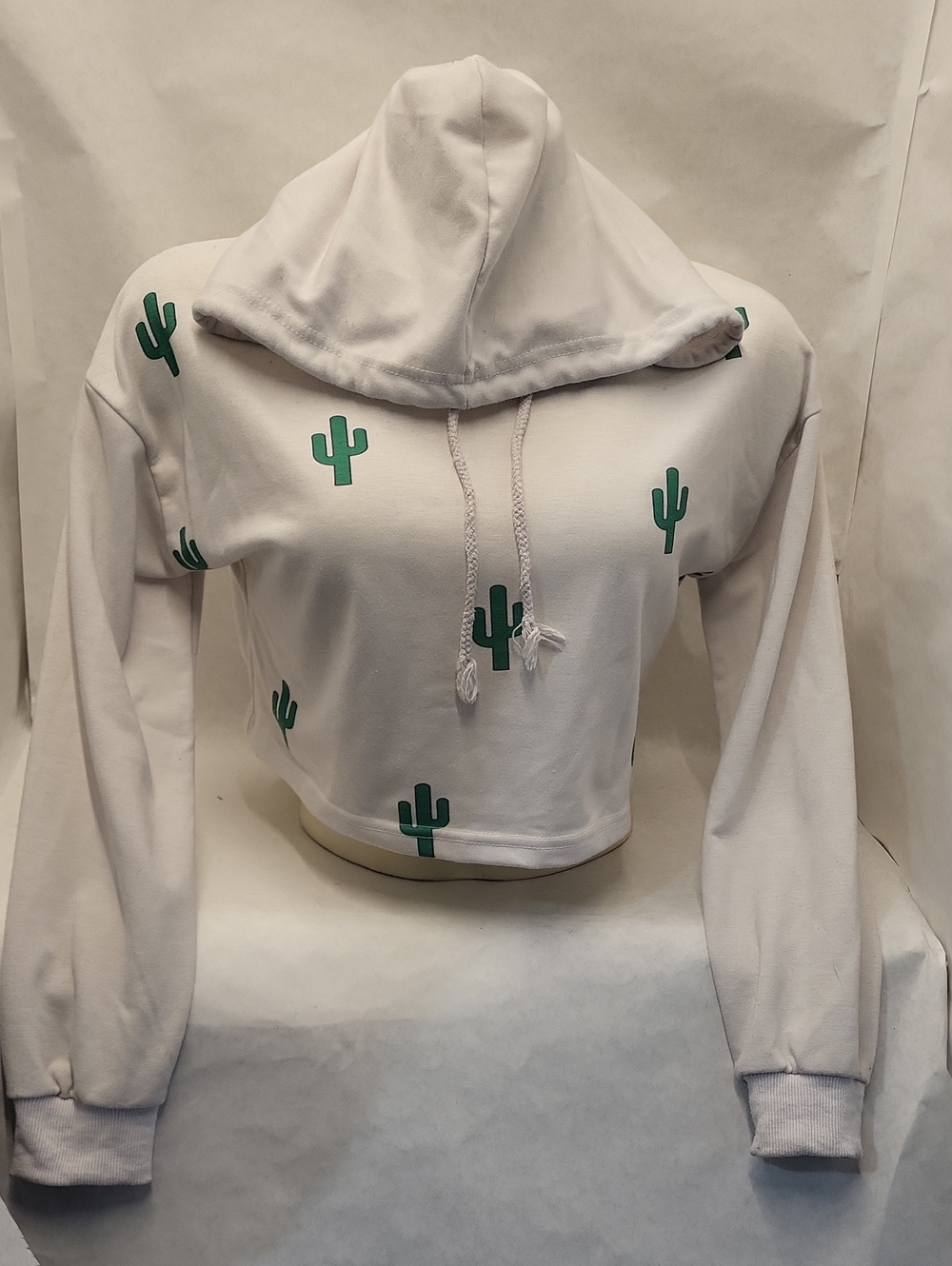 Cropped White Hoodie with Green Cactus Print S